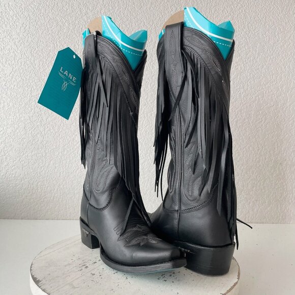 Lane SENITA FALLS Black Cowboy Boots Fringe Western Tall Snip Toe Womens Size 5 - Picture 13 of 13